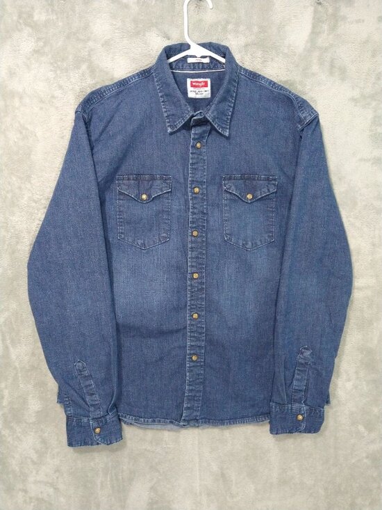 Wrangler Other - Wrangler Shirt Mens XL Blue Denim Indigo Pearl Snap Long Sleeve Western Cowboy